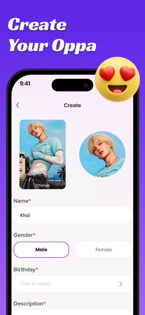 Interface for creating a custom AI virtual idol named Khai with options for gender and personality