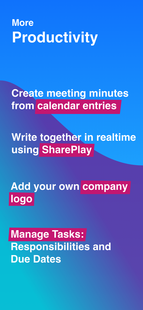 MinuteTaker - Meeting Notes - List of productivity features for MinuteTaker including calendar integration and real-time collaboration