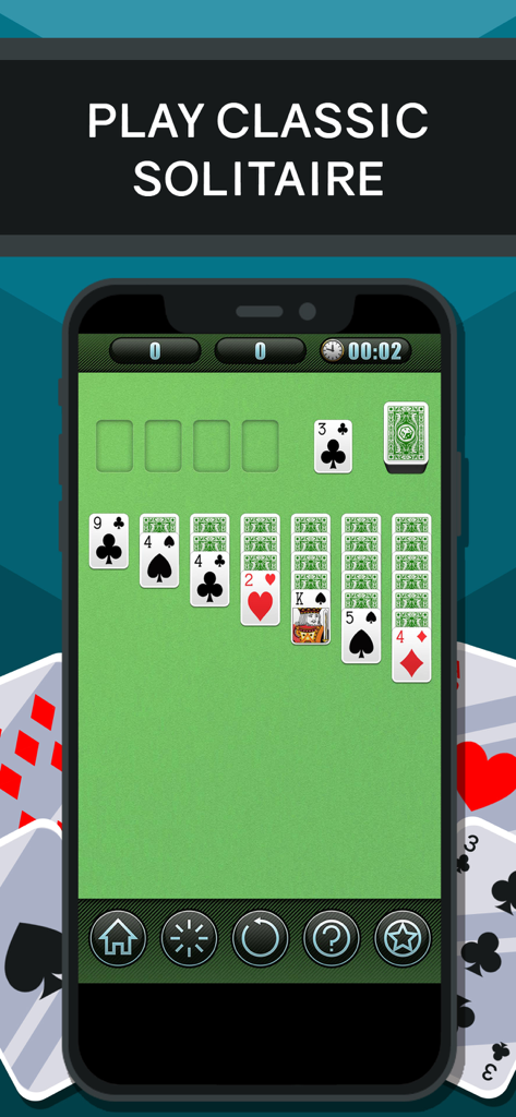 Mobile phone screen showing a classic Klondike Solitaire card game layout on a green felt table.