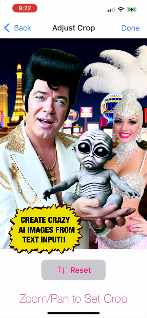 Pop Art Lite - Tela do aplicativo Pop Art Lite para cortar uma imagem surreal gerada por IA apresentando uma cantora e um alienígena