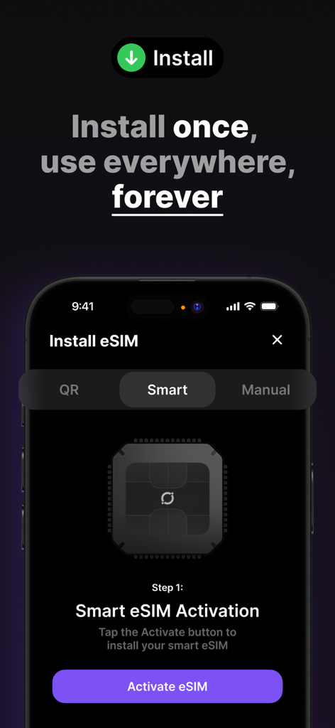Umi: Universal eSIM & Data - Écran d'activation de l'eSIM intelligente dans l'application Umi pour une connectivité mondiale.