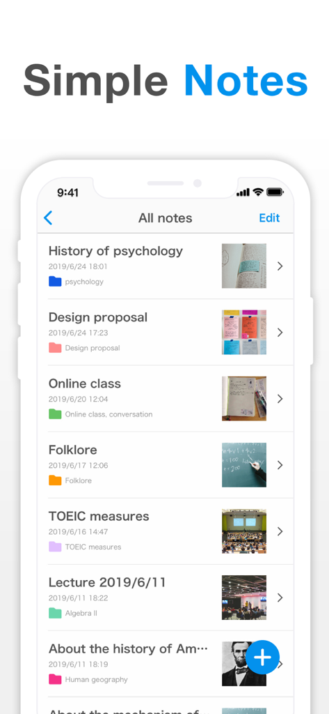 Simple Notes - Notepad Manager - Smartphone screen displaying the Simple Notes app with a list of organized notes, colored folders, and image attachments.