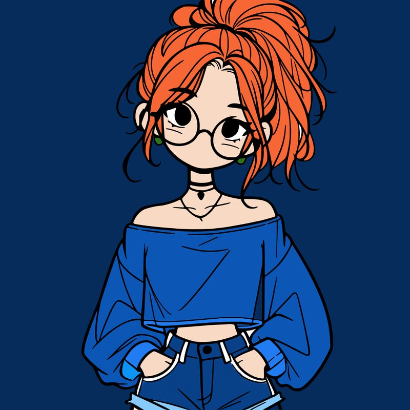 girl with a messy ponytail glasses a baggy crop top and jean shorts