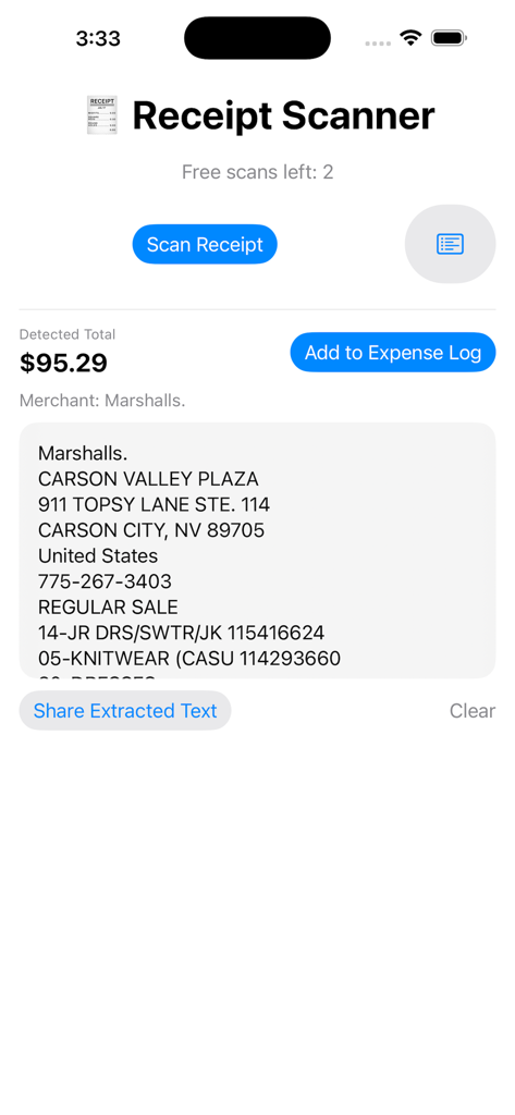 Receipt Scanner · OCR Scan - Interface of the Receipt Scanner app showing OCR text extraction and detected total from a Marshalls retail receipt.
