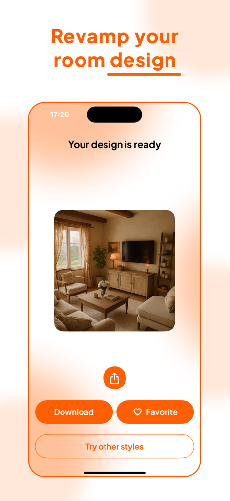 AI Design: Homey - AI Design Homey app showing a revamped living room design ready for download