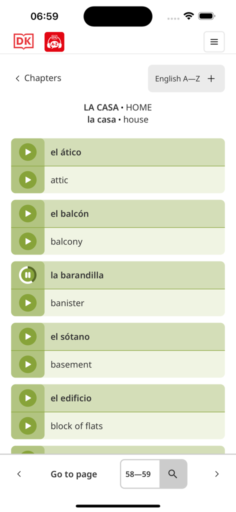 DK Bilingual Visual Dictionary - DK Bilingual Visual Dictionary app showing Spanish house vocabulary with audio play buttons