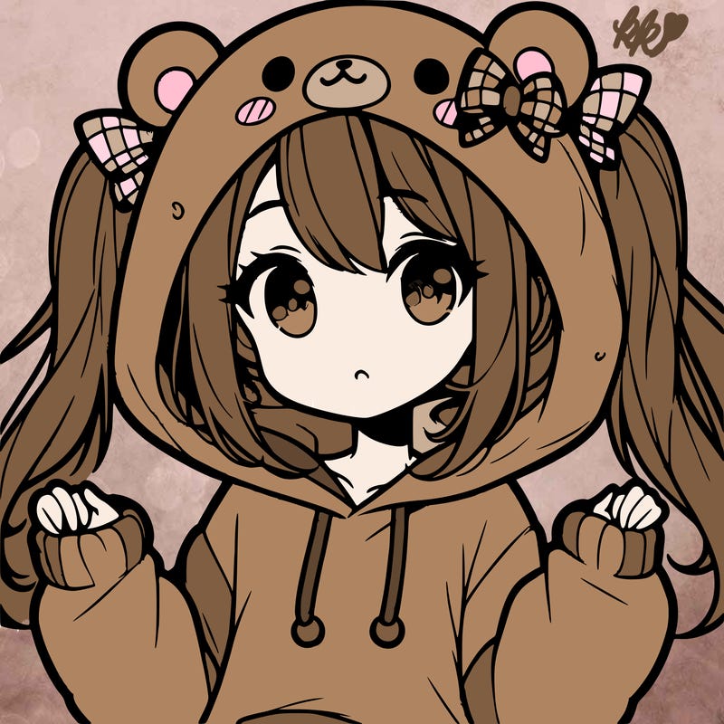 cute anime girl with ponytails and a cute bear hoodie