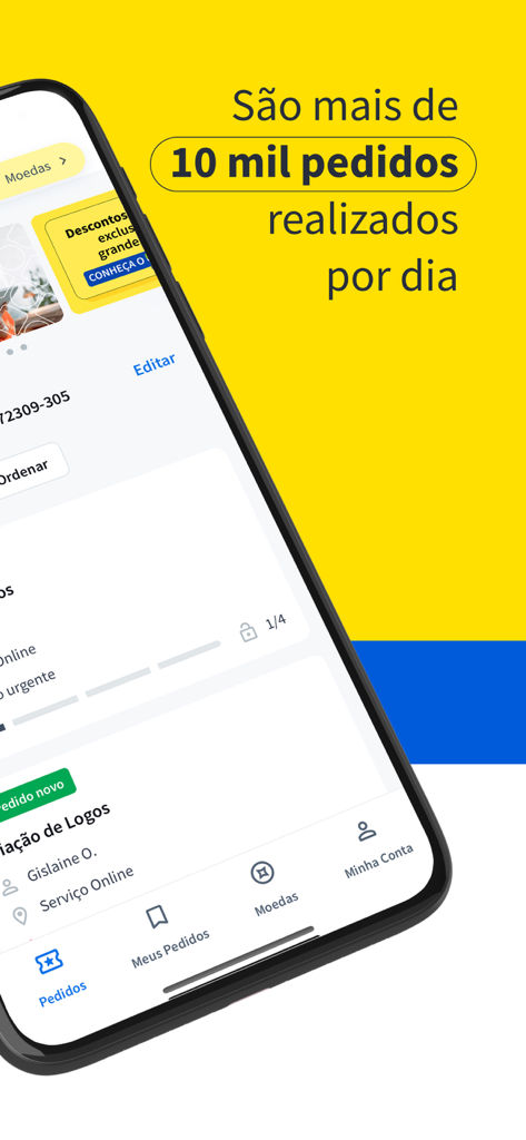 GetNinjas app screen showing logo design service requests and daily order volume