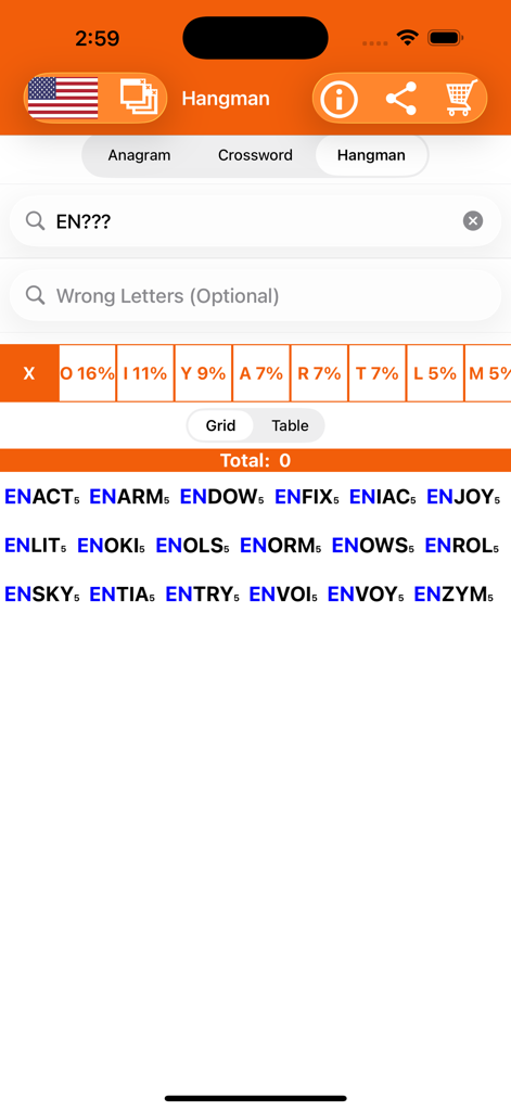 Anagram Solver: Crossword Find - Hangman puzzle solver screen in the Anagram Solver mobile app showing word suggestions and letter probabilities.