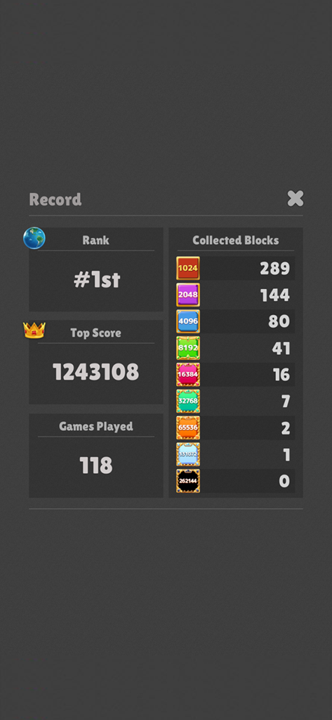 Drop The Number : Merge Puzzle - In-game records screen showing top score world ranking and statistics for collected number blocks