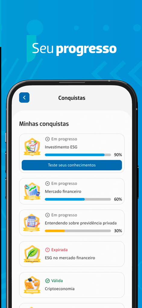 ANBIMA Edu - Mobile screen showing progress bars and badges for financial education courses in the ANBIMA Edu app