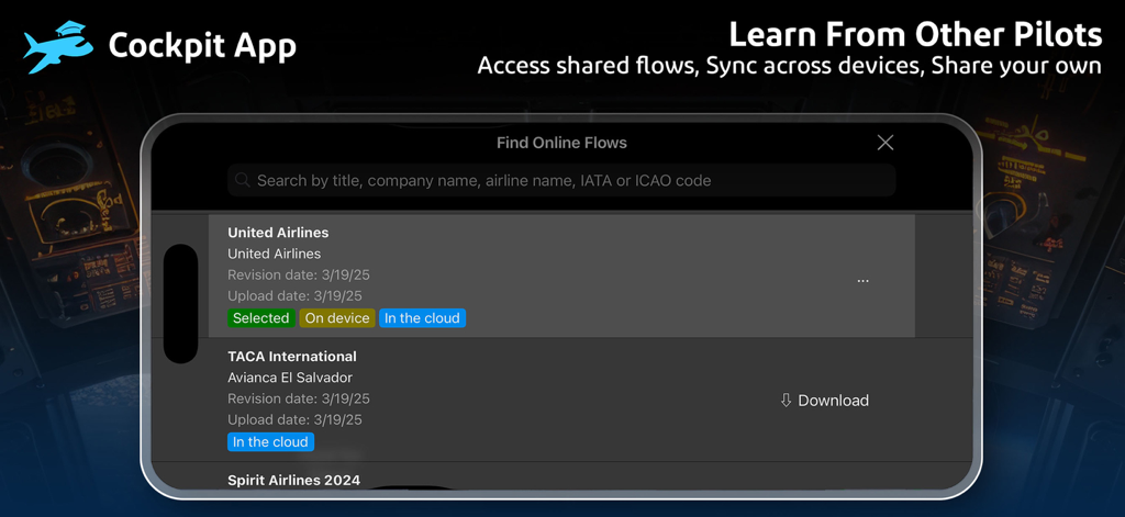 Cockpit App Systems - Mobile interface showing shared aviation flows for airline training on the Cockpit App