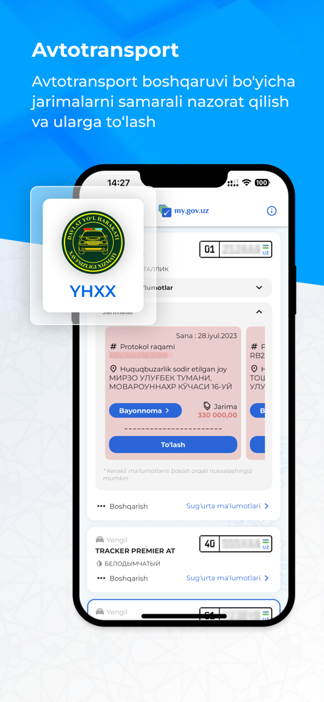 MyGov: Davlat xizmatlari - A mobile phone displaying the MyGov Uzbekistan app's transportation section for managing and paying traffic fines.