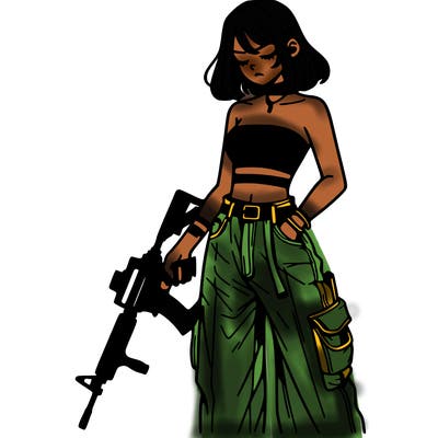 a dangerous girlcrop top and baggy jeans with a rifle in her hand