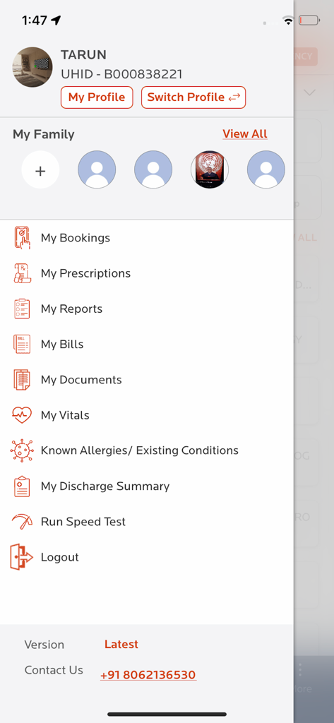 CK Birla Hospitals - CK Birla Hospitals app sidebar menu showing family member profiles and medical record options