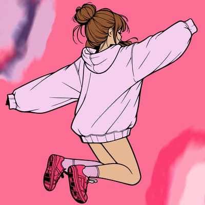 realistic girl jumping with a bun and oversized sweatshirt