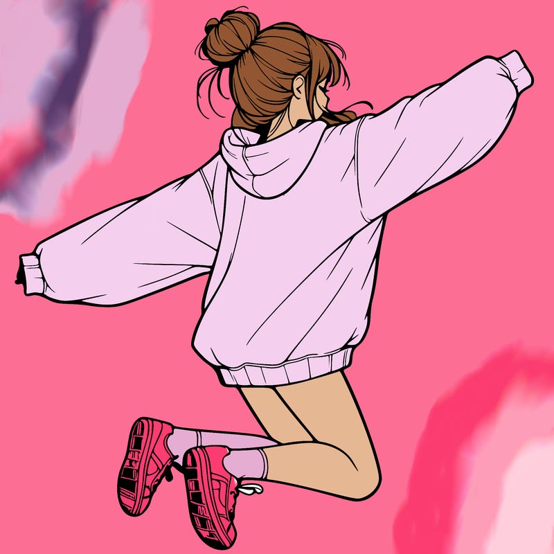 realistic girl jumping with a bun and oversized sweatshirt
