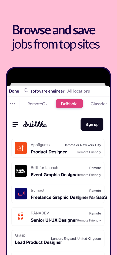Uno schermo di un'app mobile che mostra gli annunci di lavoro di Dribbble all'interno del browser di ricerca di lavoro Huntr.