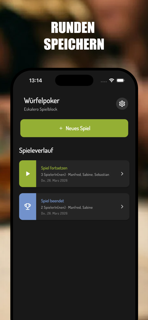 Escalero - Poker Dice Notepad - Game history screen of the Escalero Poker Dice Notepad app showing past and ongoing sessions.