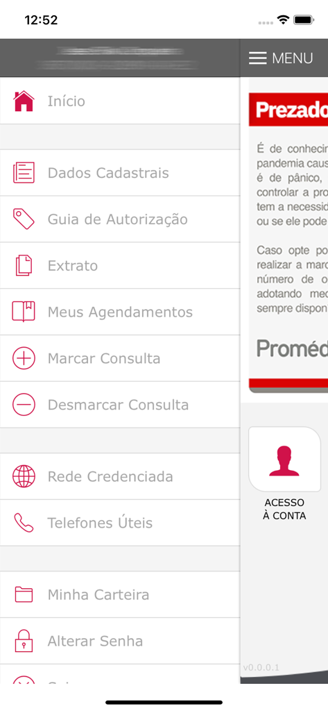 Menú de navegación de la aplicación Promédica Saúde que muestra opciones para citas, red de proveedores y tarjeta de seguro médico digital.