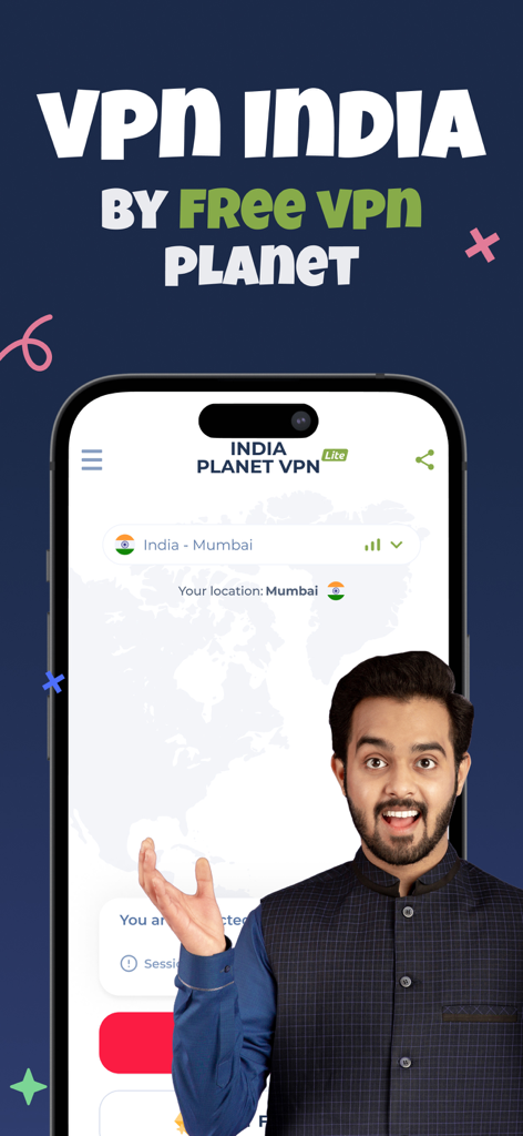 VPN India - Private & Secure - VPN India app interface showing Mumbai server connection on an iPhone with a happy user