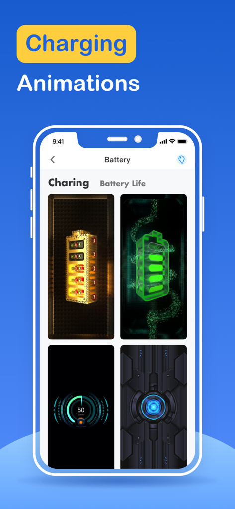 iPhone app screen showing custom battery charging animations