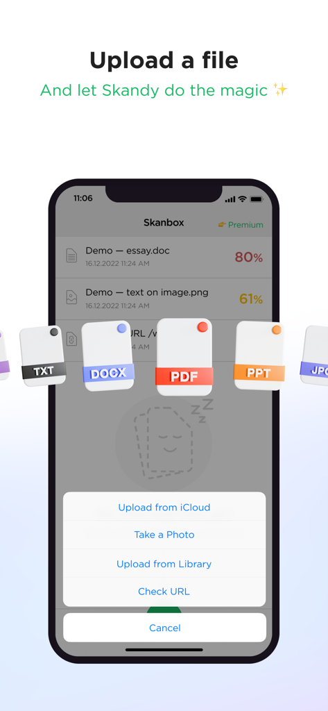 Skandy AI - Plagiarism Checker - Interfaz de la aplicación móvil Skandy AI que muestra opciones para subir documentos, fotos y URL para verificaciones de originalidad.