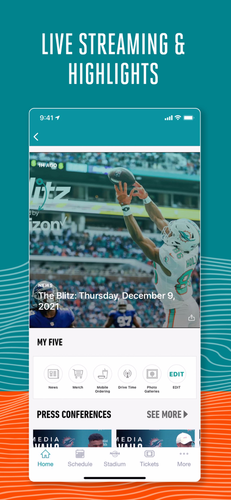 Miami Dolphins - Miami Dolphins app interface showing live streaming highlights and team news updates
