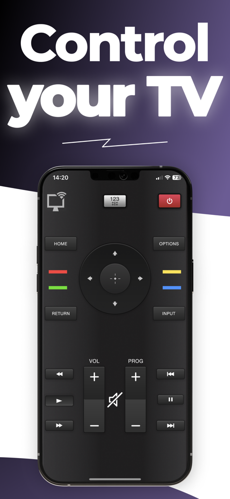 Unimote : smart TV remote - 音量、電源、ナビゲーションなどのデジタルTVコントロールボタンを備えたUnimoteアプリインターフェースを表示するスマートフォン。