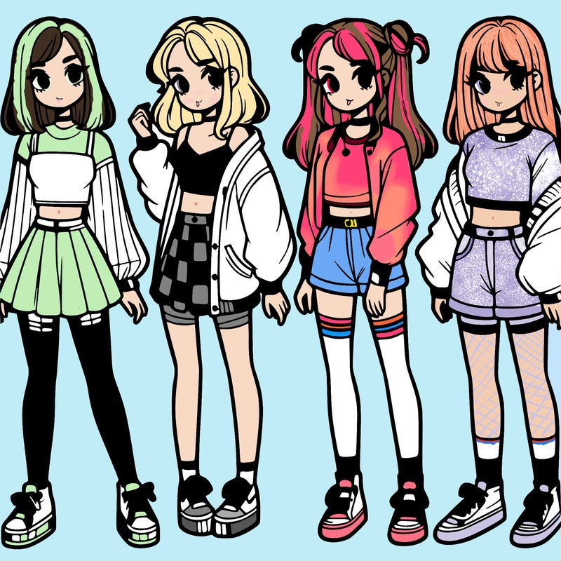one girl with crop-top shirt and a jacket with a skirt, long socks and another girl with a shirt and pants with a jacket