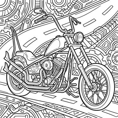 This intricate coloring page features a powerful, highly customized chopper motorcycle, ready for your creative touch. Dive into the world of custom bikes and bring this detailed design to life with your favorite colors.