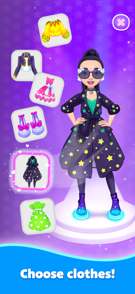 Doll Dress Up & Makeup Games 8 - Uma personagem de boneca usando um casaco com estampa de estrela com várias opções de roupas para escolher em um jogo de vestir.