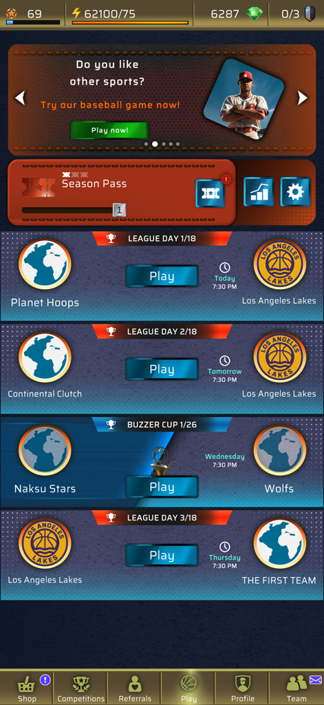 Buzzer Beater - PvP Basketball - Interfaz del juego Buzzer Beater que muestra enfrentamientos de liga y calendario de torneos