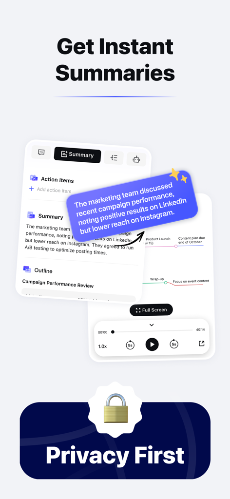 HiNoter - Al Note Taker - Interfaz de la aplicación HiNoter que muestra resúmenes de reuniones generados por IA y una insignia de seguridad con primacía en la privacidad