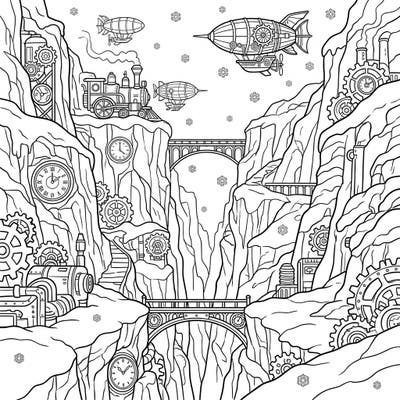 Embark on an extraordinary coloring adventure with this unique Steampunk Winter Canyon design. Explore a fantastical landscape where icy gorges meet intricate gears, flying airships, and a majestic steam train amidst falling snowflakes.