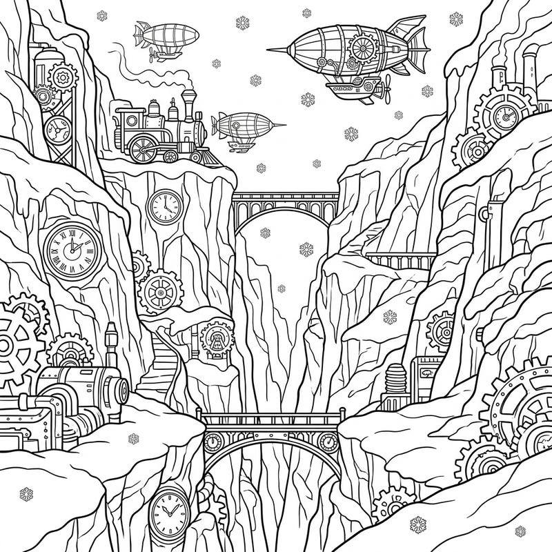 Embark on an extraordinary coloring adventure with this unique Steampunk Winter Canyon design. Explore a fantastical landscape where icy gorges meet intricate gears, flying airships, and a majestic steam train amidst falling snowflakes.
