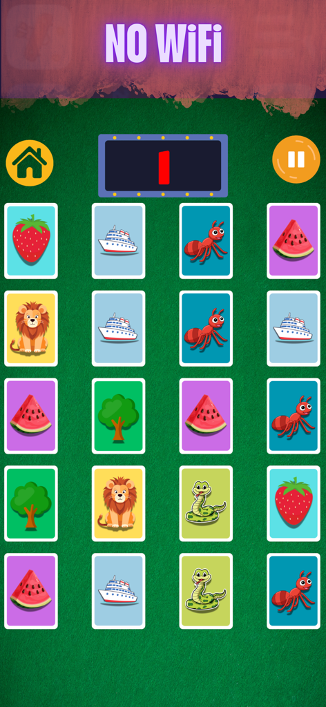 ThumbGames - 100 Arcade Games - A colorful memory match puzzle game featuring cards with animals and fruits on a green background.