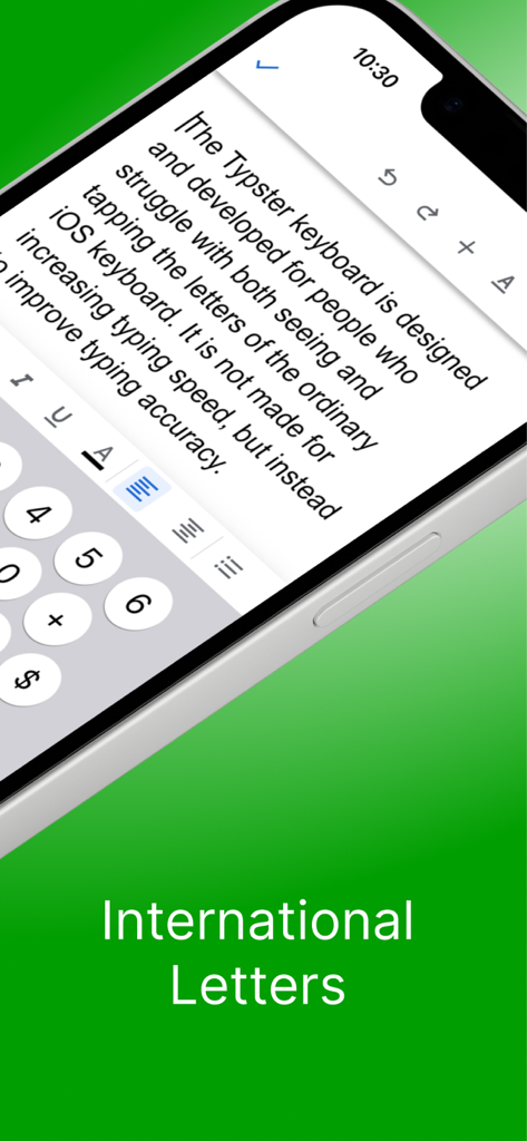 iPhone displaying the Typster app with large round keys and text about international letters support.