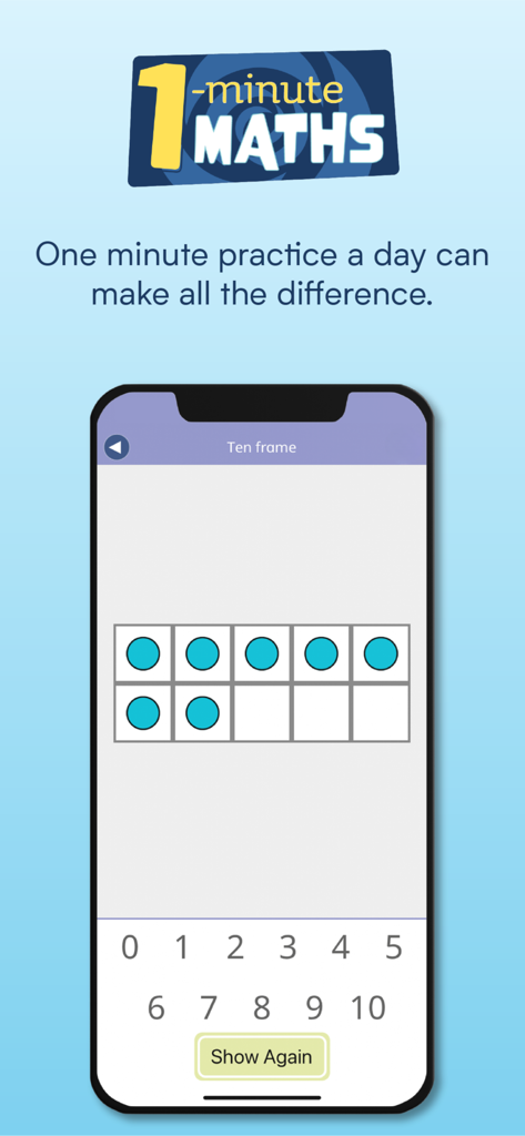 1-Minute Maths - 1-Minute Maths app interface showing a ten frame counting exercise for children