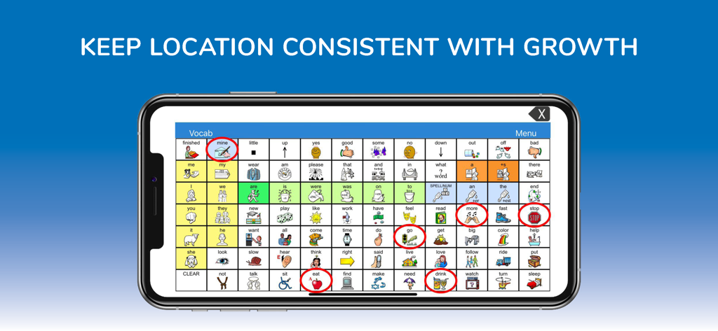 LAMP Words For Life Discover - LAMP Words For Life AAC app interface on a smartphone screen showing a grid of symbols and text with the headline Keep Location Consistent With Growth