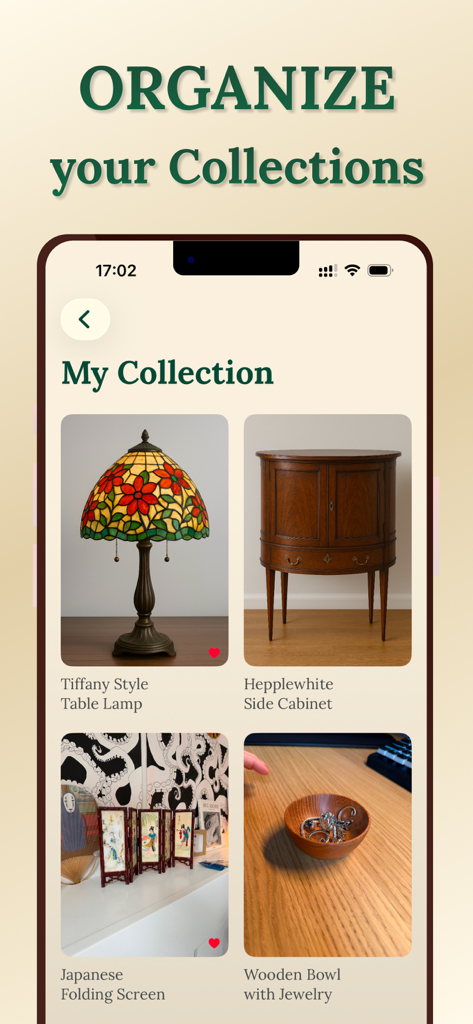 A mobile screen from Vintapp showing an organized personal collection of vintage antiques including a Tiffany style lamp and a Hepplewhite cabinet