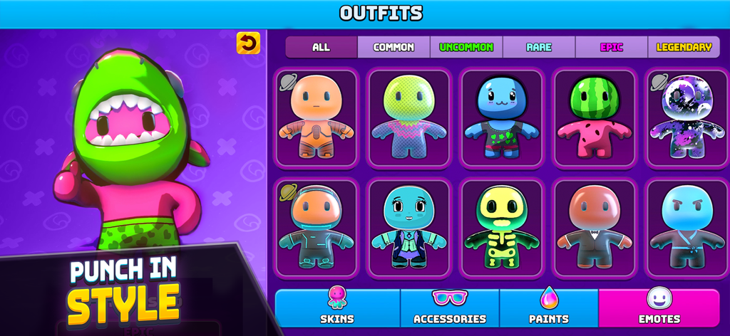 Rumble Club - Menu du jeu Rumble Club montrant divers skins de personnages et options de personnalisation de tenues