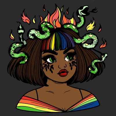a plus size girl with short hair and snakes coming off her head like medusa, and flames in her eyes, beautiful and realistic