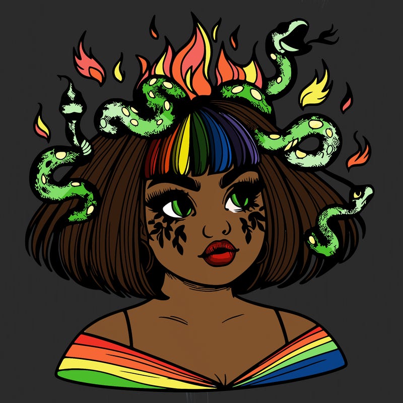 a plus size girl with short hair and snakes coming off her head like medusa, and flames in her eyes, beautiful and realistic