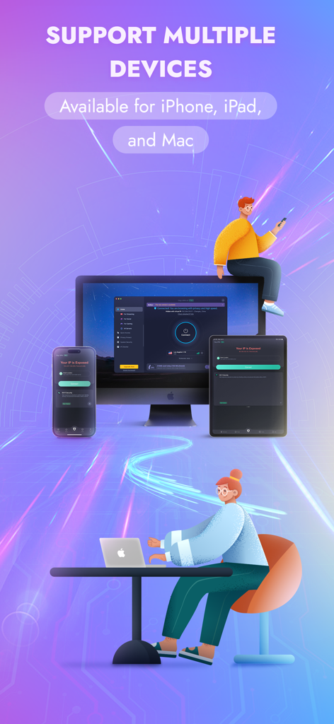 Interface d'iTop VPN sur iPhone, iPad et Mac montrant la prise en charge de plusieurs appareils