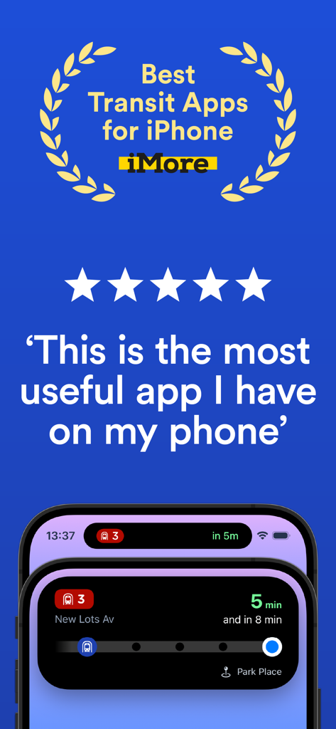 London Transport app promotional image featuring iMore Best Transit Apps award and a five star user review