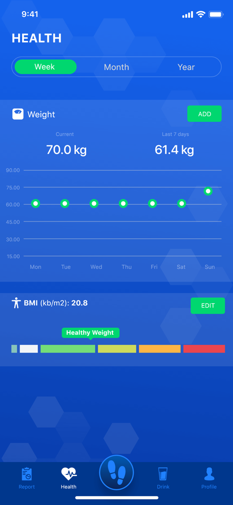 Pedometer: Step counter - Health monitoring dashboard in the Step Counter app showing weight progress and BMI results.