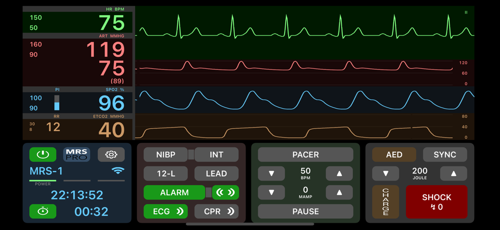 Medical Rescue Sim Pro - A realistic medical monitor interface showing vital signs waveforms and emergency treatment controls