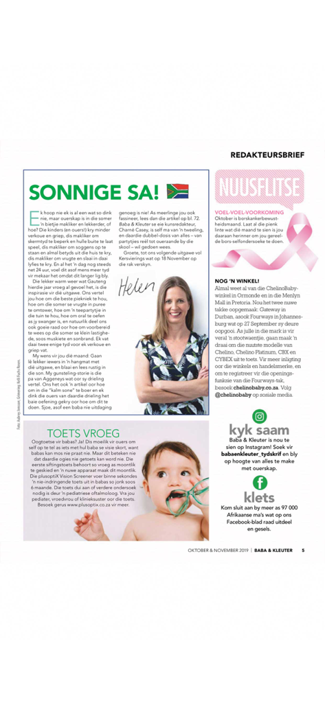 The editor letter and parenting news page from the Baba and Kleuter magazine app in Afrikaans.