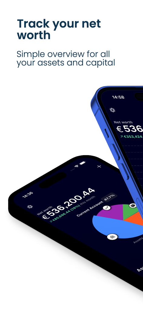 Net Worth Tracker - AssetView - AssetView mobile app dashboard displaying total net worth and asset allocation chart on iPhone